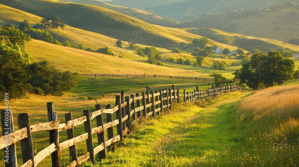Obraz premium Serene countryside landscape with rolling hills and a rustic wooden fence bathed in warm sunlight, ideal for nature themes.