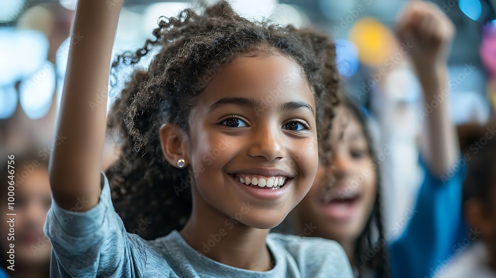 An African American girl with curly hair raises her hand in class, confident and attentive. An African American girl with curly hair raises her hand in class, confident and attentive.