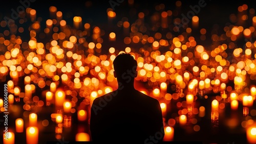 A serene silhouette of a person standing before a sea of glowing candles, evoking reflection and peaceful contemplation. photo