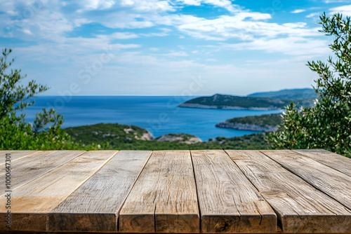 Wooden table on the background of the sea, island and the blue sky. High quality photo