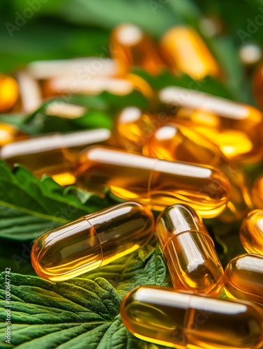 Close-up of golden capsules on green leaves, showcasing natural supplements for wellness and health.