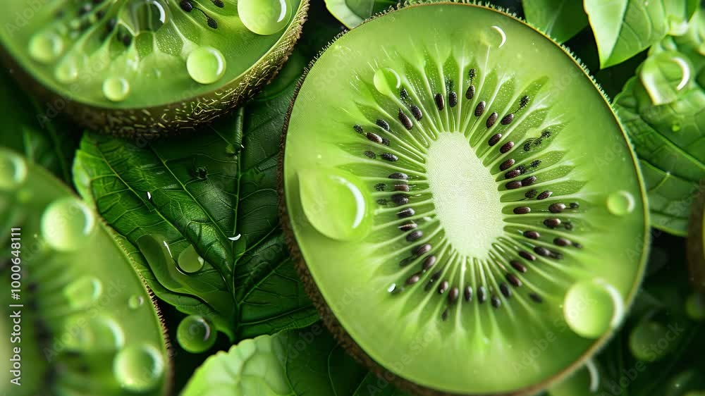 Close up of fresh kiwi fruit background with leaves, top view ...