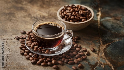 A cup of freshly brewed black coffee and a bowl of coffee beans arranged on a textured surface