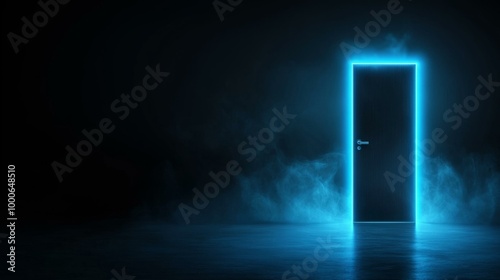 A glowing blue door in a dark foggy setting, symbolizing opportunity and mystery.