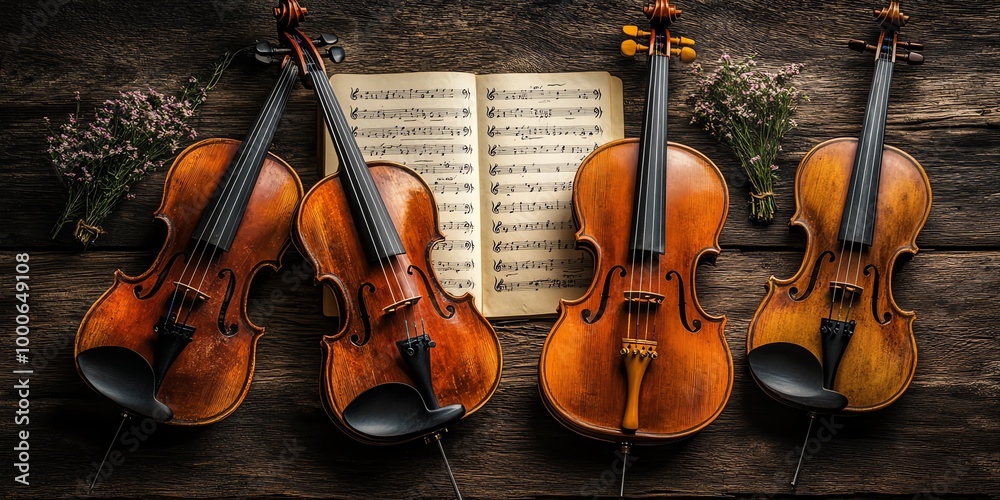 Fototapeta premium Four violins lay on a rustic wooden background with sheet music and flowers.