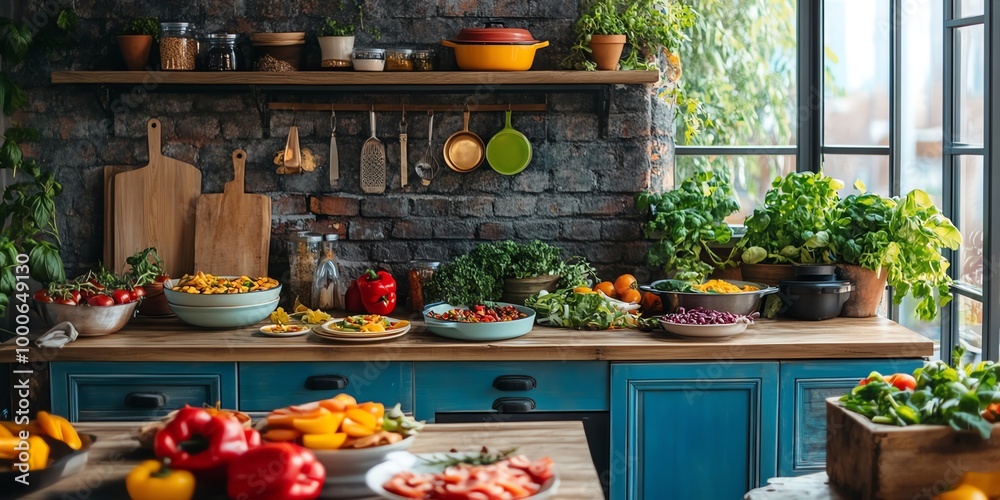 Fresh vegetables and ingredients for a healthy meal in a rustic kitchen. Fresh vegetables and ingredients for a healthy meal in a rustic kitchen.
