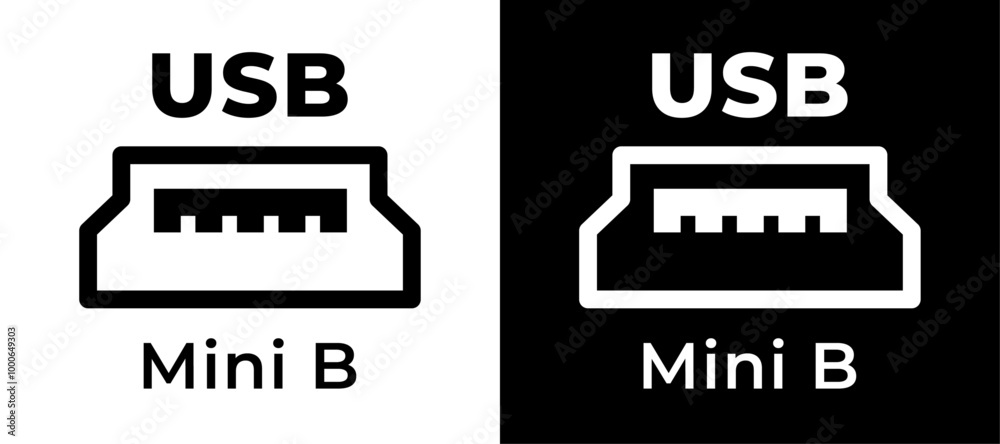 Different views of a Mini B USB connector displayed in black and white contrasting designs Different views of a Mini B USB connector displayed in black and white contrasting designs
