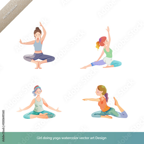 Serene Yoga Poses  Girl Practicing Yoga  Watercolor Vector Art Set