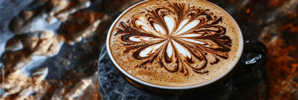 A close-up view of a frothy cappuccino with intricate latte art, placed on a textured table, showcasing craftsmanship A close-up view of a frothy cappuccino with intricate latte art, placed on a textured table, showcasing craftsmanship