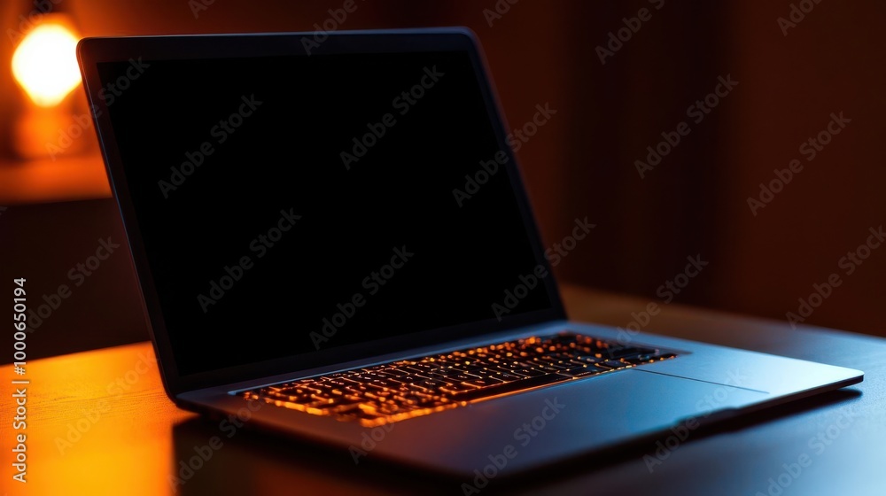 Modern laptop with illuminated keyboard on a dark wooden table. Modern laptop with illuminated keyboard on a dark wooden table.