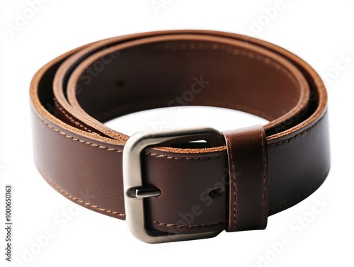 Brown Leather Belt with Metal Buckle Isolated on White Background