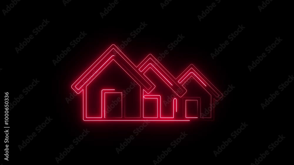 abstract neon home icon animation . glowing 3 home icon animated and black background .