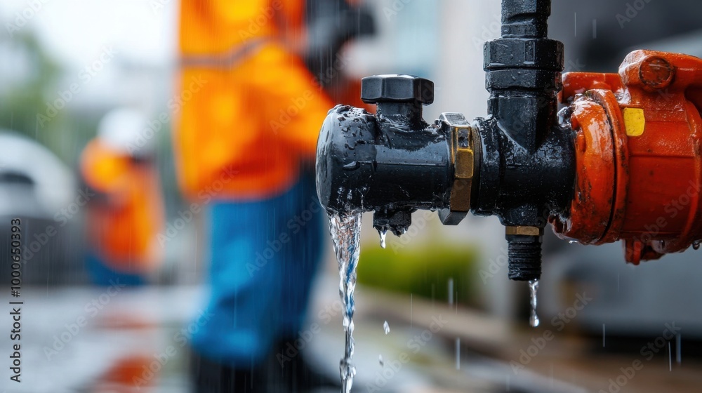 Plumbing Pipe with Water Leak in Urban Setting Plumbing Pipe with Water Leak in Urban Setting