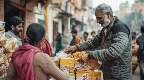 A generous individual shares essential food packages with those in need, embodying kindness and support within the community.