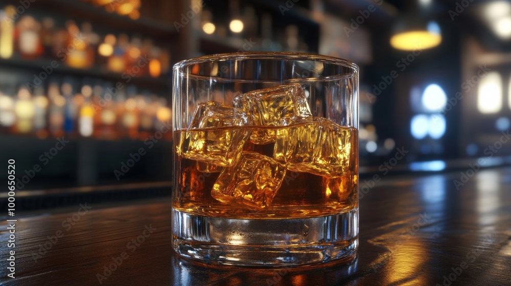 A detailed 3D render of a whiskey glass filled with amber liquid and ice cubes, set against a dark wooden bar top A detailed 3D render of a whiskey glass filled with amber liquid and ice cubes, set against a dark wooden bar top