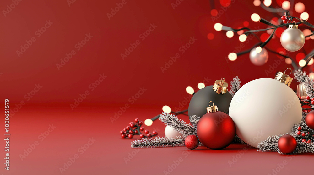 Deck the halls with festive elegance! Red, black, and white Christmas baubles twinkle against the backdrop of soft lights, setting the perfect mood for a magical holiday celebration.