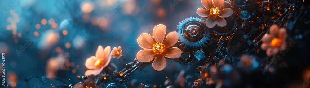 Fototapeta premium Tilted angle view of a vibrant fantasy world, blooming flowers mixed with steampunk machinery, macro photography