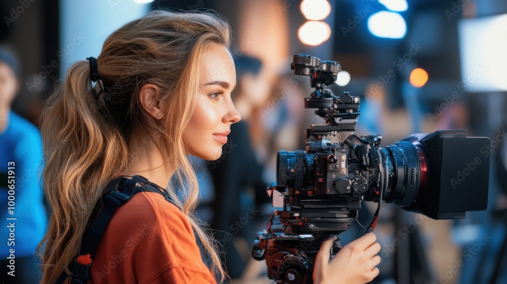 Young Woman Operating Film Camera in Studio Setting Young Woman Operating Film Camera in Studio Setting