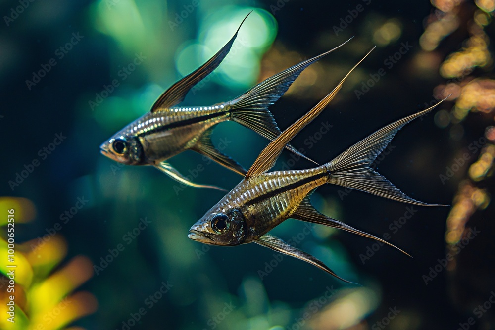 Fototapeta premium An elegant fish with elongated bodies and distinctive fins glides effortlessly in a crystal-clear aquarium.