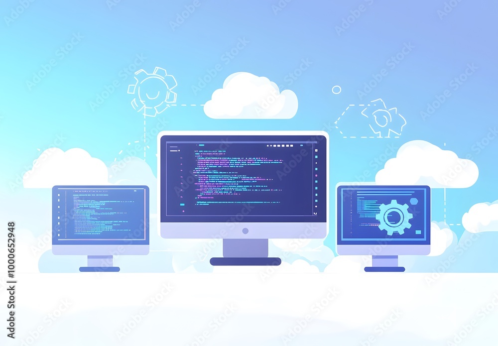 Flat illustration of web design and development: a laptop with a website on the screen, a tablet with video marketing elements Flat illustration of web design and development: a laptop with a website on the screen, a tablet with video marketing elements