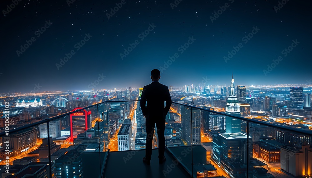 Fototapeta premium A man in a suit gazes over a city skyline illuminated at night from a rooftop terrace with stunning views