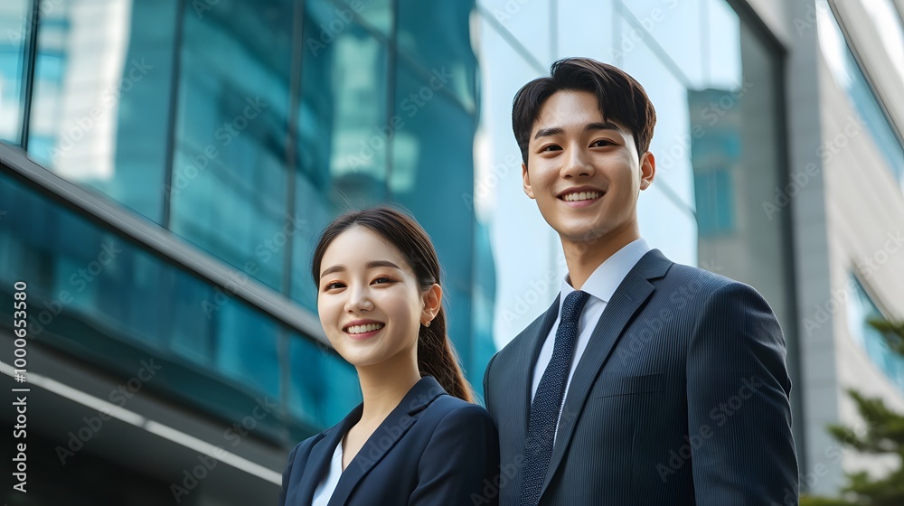 Professional ad featuring a young Korean man and woman in business attire, smiling brightly in front of an upscale residential building Professional ad featuring a young Korean man and woman in business attire, smiling brightly in front of an upscale residential building