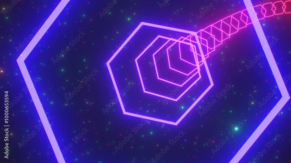 Floating Neon Hexagonal Shaped Glowing Lights Tunnel In Outer Space - 4K Seamless VJ Loop Motion Background Animation