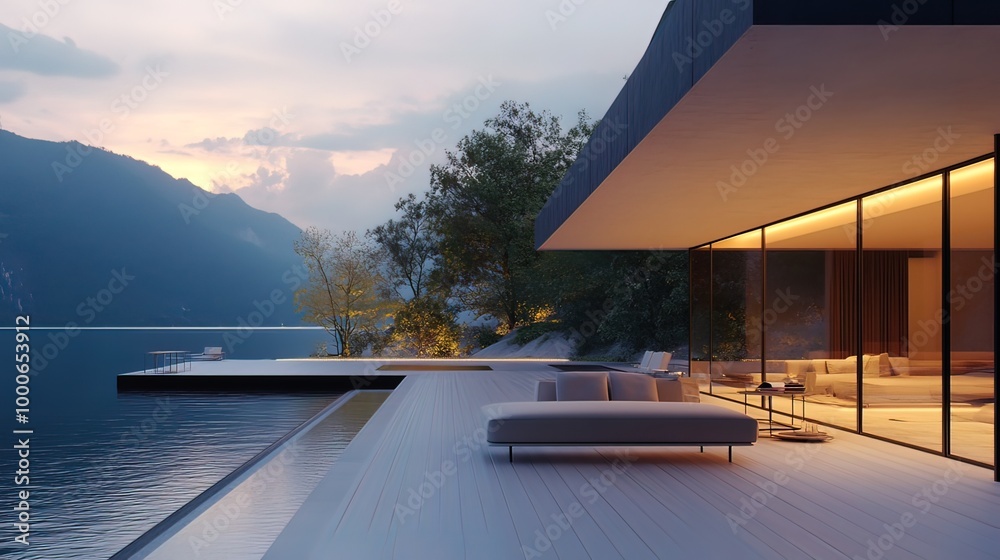 Fototapeta premium Modern Lakeside Villa with Infinity Pool at Dusk