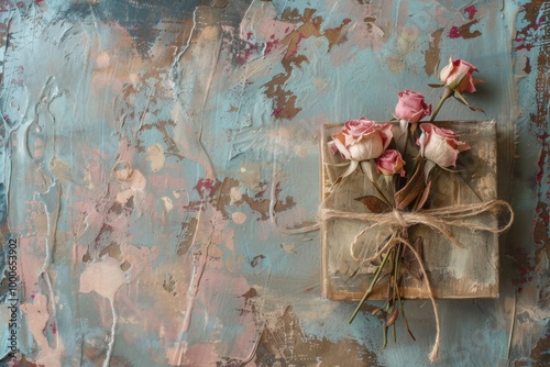 Vintage Dried Roses with Rustic Gift Box on Textured Background for a Romantic and Nostalgic Aesthetic