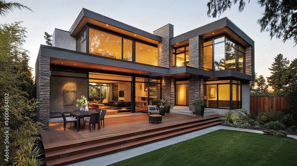 Modern Home with Stone Facade and Deck Modern Home with Stone Facade and Deck