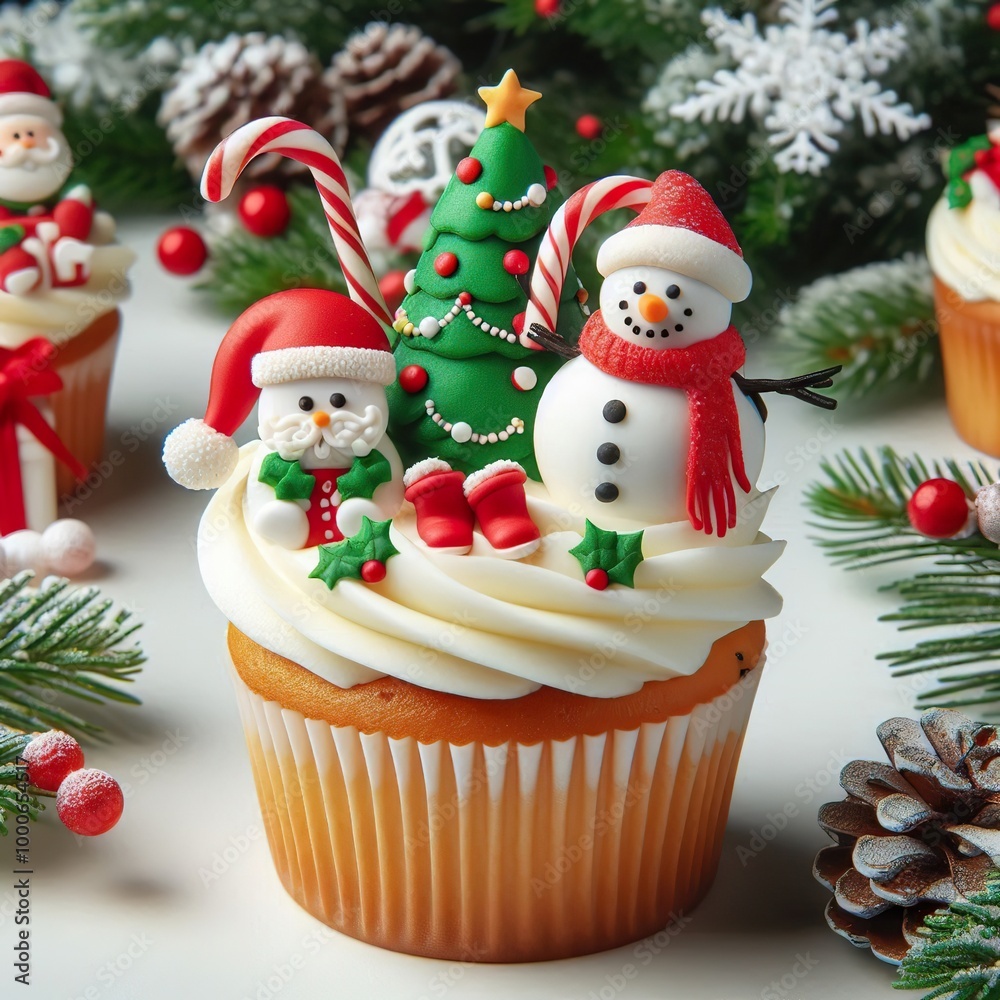 A Christmas Xmas Cupcake muffin with icing frosting topping of tree, santa claus, snowman, candy cane, decorations A Christmas Xmas Cupcake muffin with icing frosting topping of tree, santa claus, snowman, candy cane, decorations