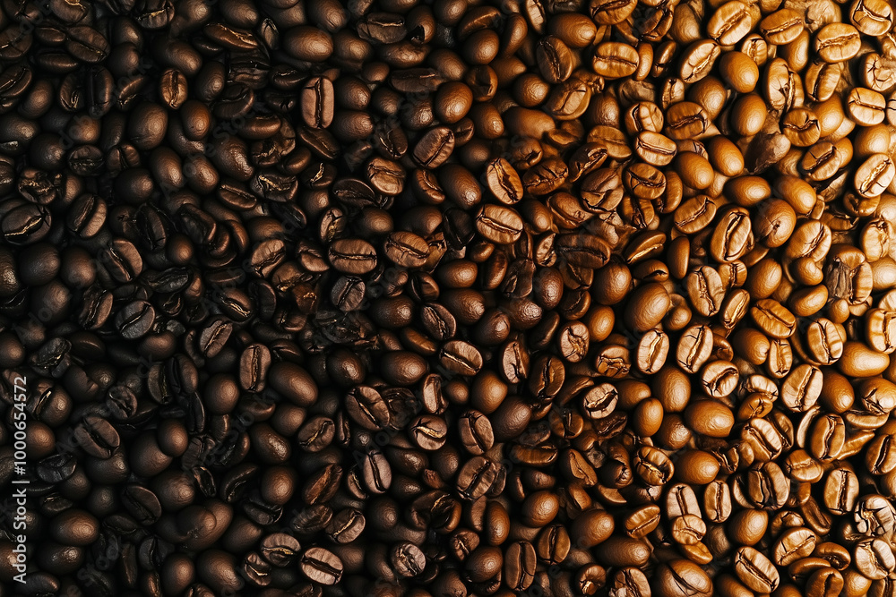 Naklejka premium A textured image showcasing dark and light coffee beans, illustrating their rich hues and textures. Perfect for coffee enthusiasts and related industries.
