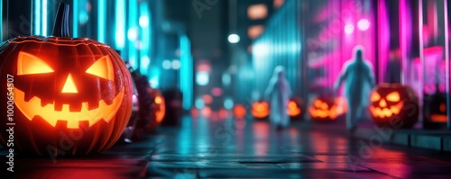 Wallpaper Mural A high-tech Halloween street with glowing jack-o'-lanterns, digital ghosts walking the sidewalks, and chrome buildings illuminated by neon Torontodigital.ca