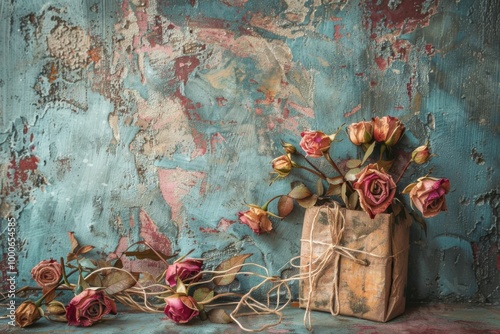Vintage Dried Roses with Rustic Gift Box on Textured Background for a Romantic and Nostalgic Aesthetic