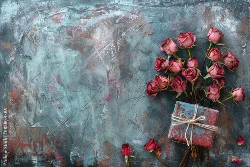 Vintage Dried Roses with Rustic Gift Box on Textured Background for a Romantic and Nostalgic Aesthetic