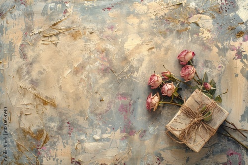 Vintage Dried Roses with Rustic Gift Box on Textured Background for a Romantic and Nostalgic Aesthetic