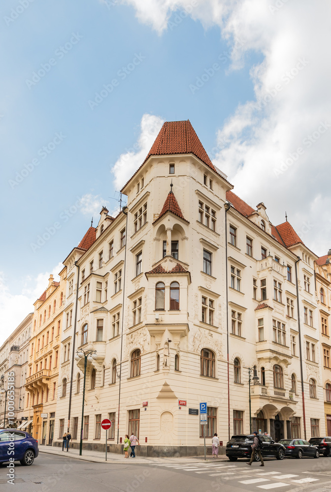 Decorated old building on corner of Platnerska Street and Valentinska Street in old part of Prague in Czech Republic Decorated old building on corner of Platnerska Street and Valentinska Street in old part of Prague in Czech Republic