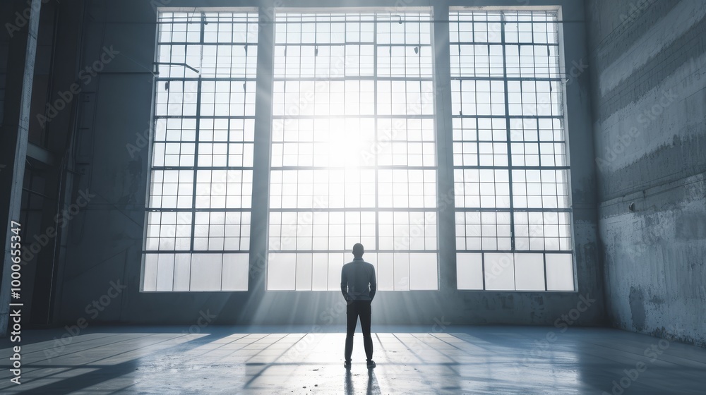Fototapeta premium A man faces large industrial windows, bathed in soft sunlight that streams through the glass. The abandoned space is vast and quiet, with light flooding the room, highlighting the figure's silhouette
