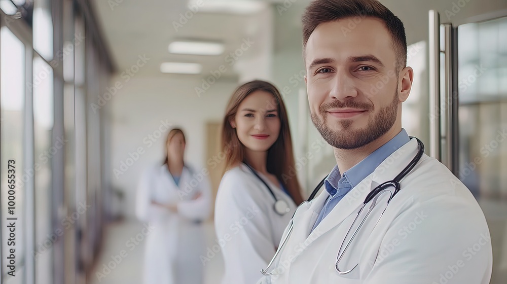 Smiling Doctor in a Hospital Corridor Smiling Doctor in a Hospital Corridor