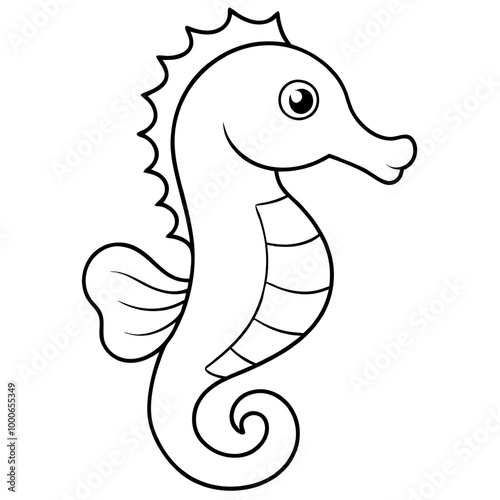 Seahorse Coloring Page: A whimsical seahorse illustration, perfect for kids to color and enjoy. This simple and charming design features a cute and friendly seahorse with big eyes and a curly tail. photo