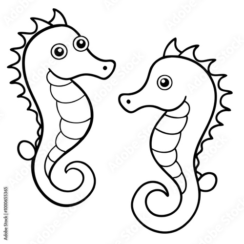 Adorable Seahorse Duo: A charming illustration of two friendly seahorses, perfect for children's books, coloring pages, or marine-themed projects.   photo