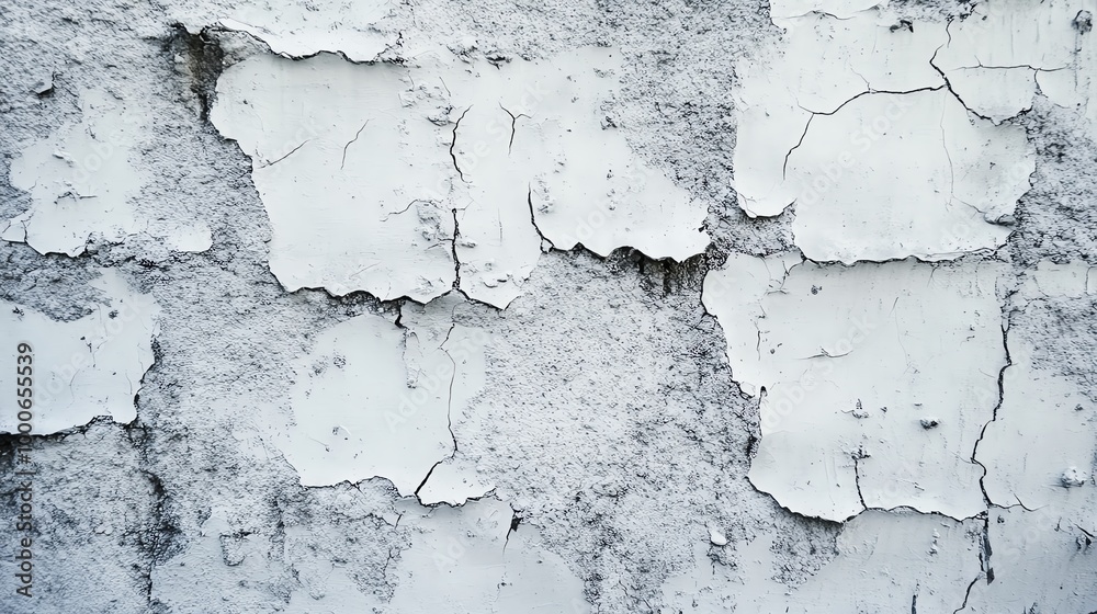 Obraz premium A close-up view of an old, weathered wall with peeling paint, showcasing textured layers of white and gray for vintage aesthetics.