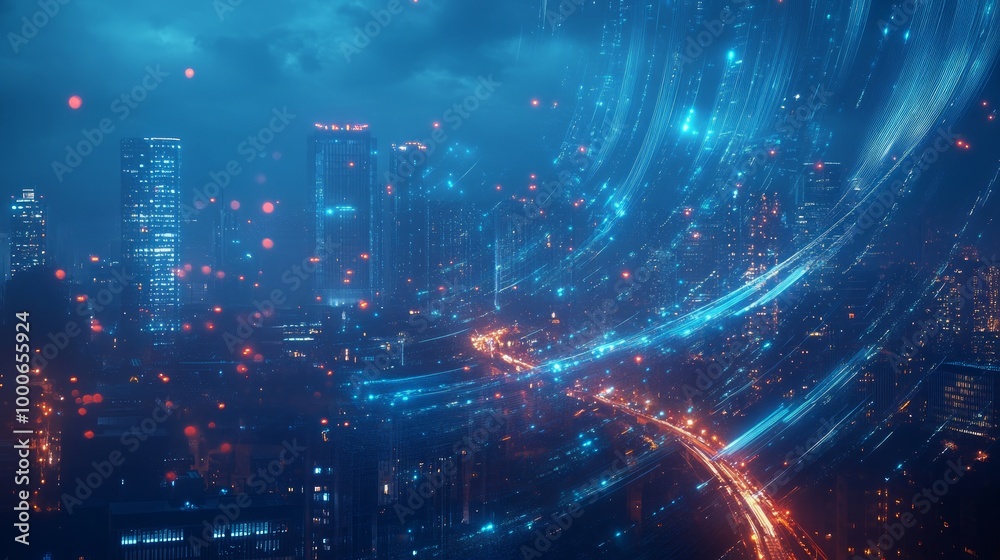 Obraz premium Smart city, high speed internet and big data connection technology concept digital graphic wire waves on night city skyscrapers skyline background, double exposure