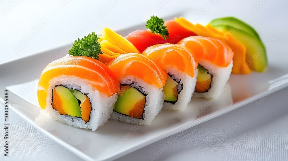 Delicious Salmon Avocado Sushi Rolls on White Plate Delicious Salmon Avocado Sushi Rolls on White Plate