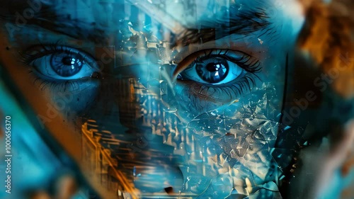 Exploring the depths of perception through abstract reflections and emotional eyes at dusk