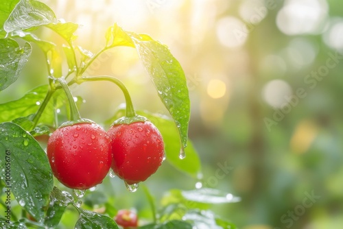 Garden Scene with Peppers Growing on Plants and Dew Drops Glistening in Morning Sun with Copy Space photo