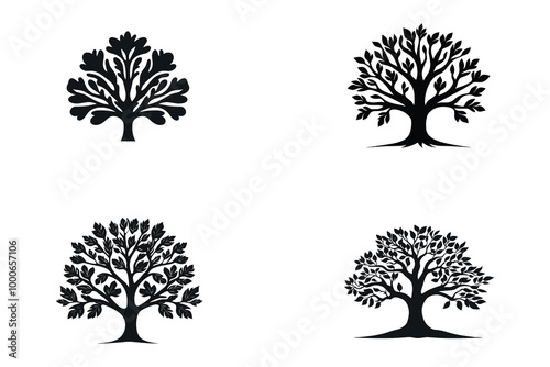 various deciduous trees silhouettes on the white background