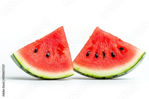 Two juicy watermelon slices with black seeds on a white background.