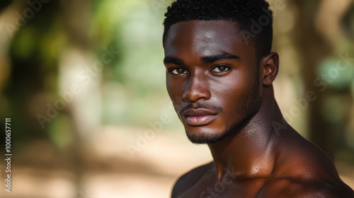 Handsome Black Man Portrait Close Up Serious Expression Outdoor Background