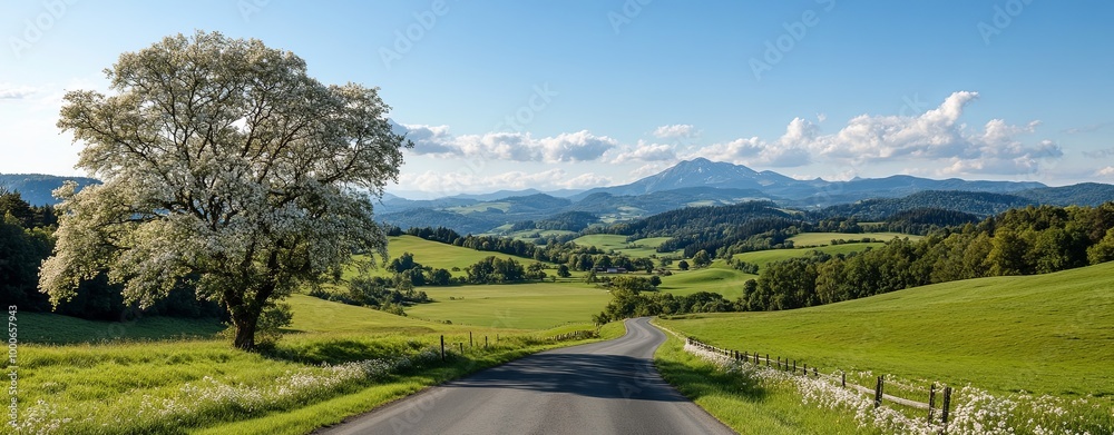 Naklejka premium Scenic Drive Through Blooming Countryside Landscape